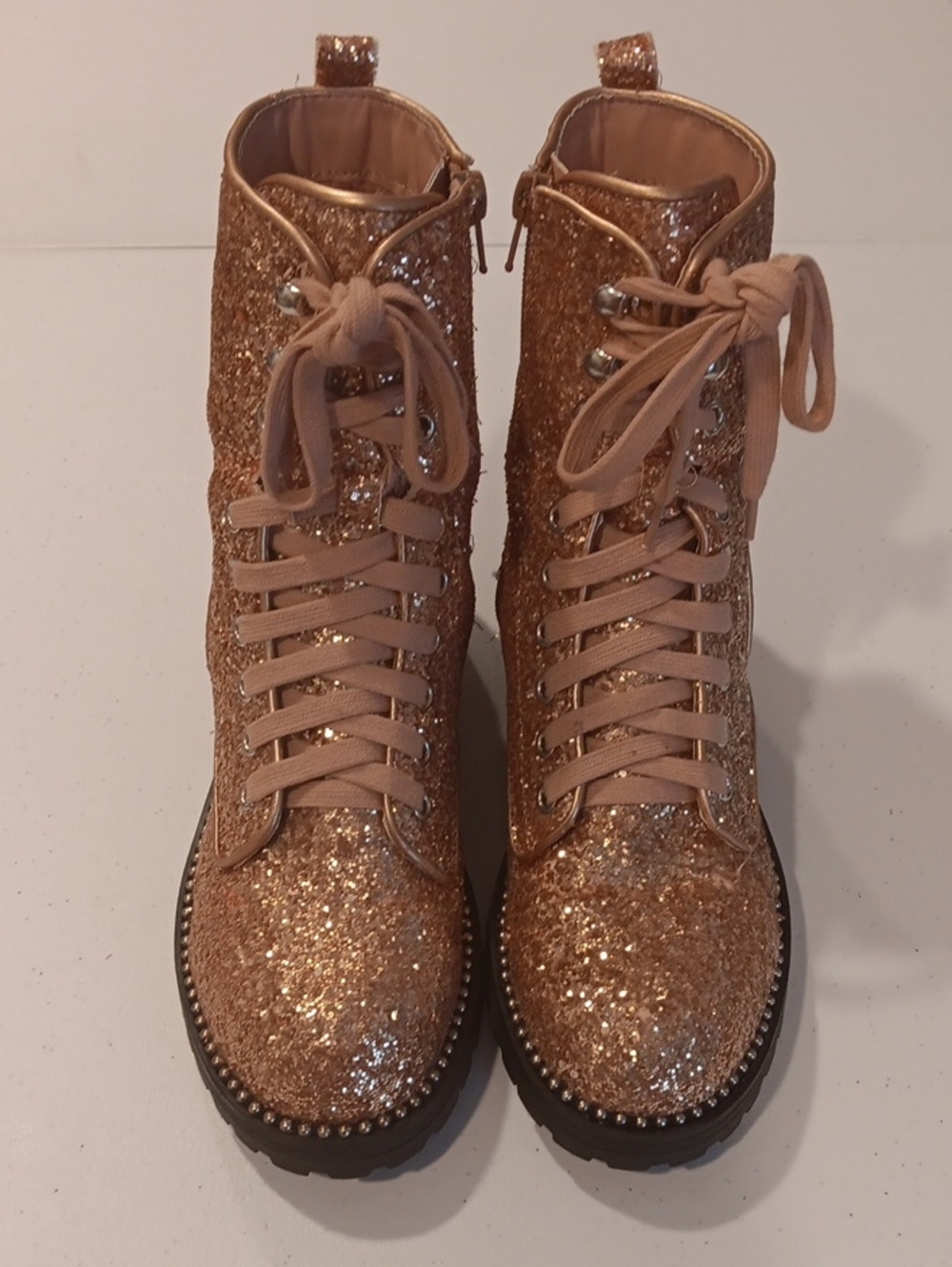 Glitter Lace-Up Combat Boots for Women - Rose Gold Shine